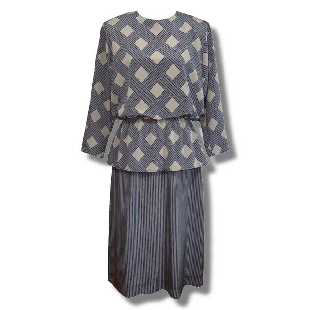Vintage Beige & Navy Blue Striped Dress